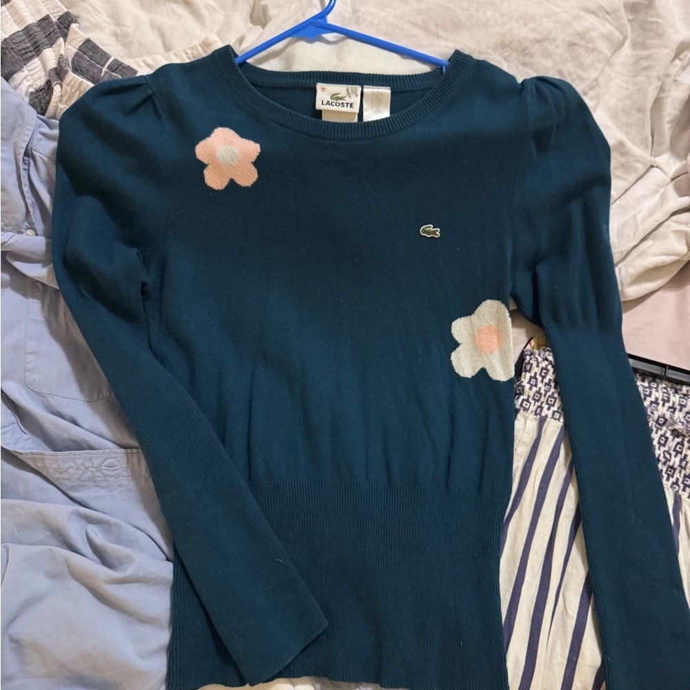 RARE Vintage Lacoste Teal Sweater with Embroidered Logo & Floral Detail